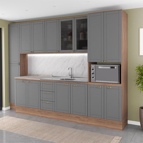 Cozinha Completa Milla Harmony Move 15 Portas 3 Gavetas MDF-MDP 310cm Nogal com Cinza Titânio Mó