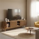Ver imagem 1 de Rack Ripado para TV até 65 Polegadas MDF 180cm Pés em Madeira Maciça 2 Portas de Correr Sereno Marro