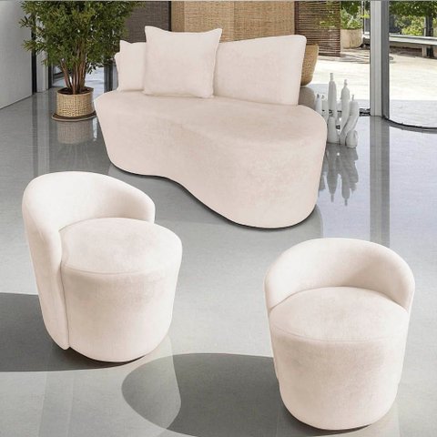 Kit Namoradeira + 2 Poltronas Yara Orgânica Veludo Marfim