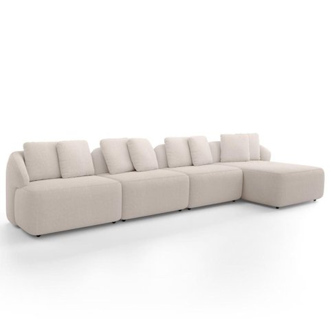Sofá 5 Lugares com Chaise Direito Sala Living 388cm Arlo F04 Veludo Bege - Lyam Decor