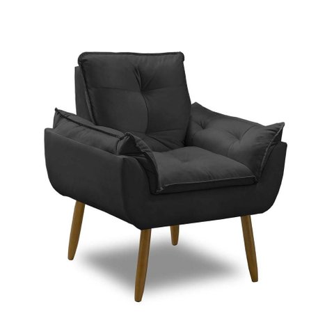 Poltrona para Sala Decorativa Opala Pés Madeira Suede Preto Império Decor