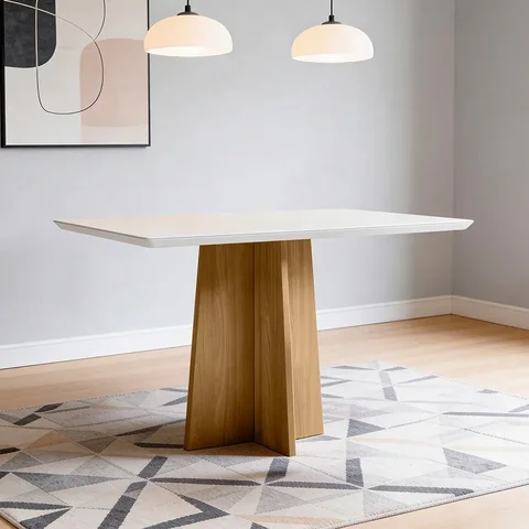 Mesa de Jantar 6 Lugares Retangular 160cm Tampo MDF com Vidro Miraz N01 Ypê Off White - Lyam Decor