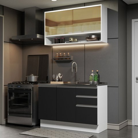 Cozinha Compacta Madesa Glamy 120002 com Armário e Balcão (Sem Tampo e Pia) Branco/Preto Cor:Branco 