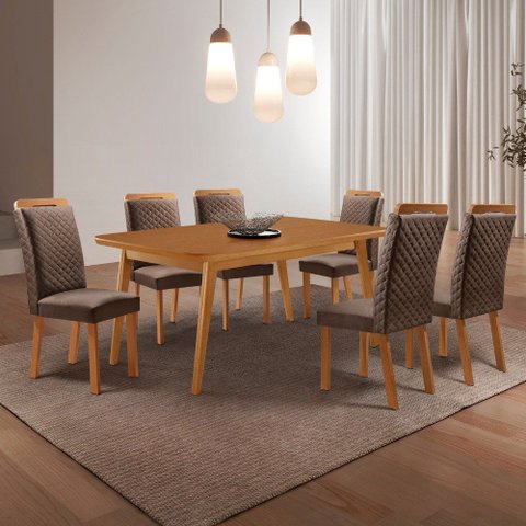 Mesa de Jantar Copper 180cm Tampo MDF Canto Copo Laminado e 6 Cadeiras Lorena
