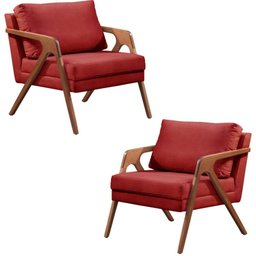 Kit 02 Poltronas Decorativas Madeira Maciça Luxo Itália - Zahav Estofados:Suede Vermelho - 1