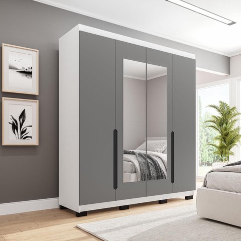 Roupeiro Solteiro Madri 4 Portas com Espelho 161x214cm Cinza/Branco 250828