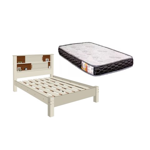 Cama Casal Com Nichos C/ Portas -Veneza 100% Mdf + Colchão Casal 1,38x1,88 Off-White/Canela