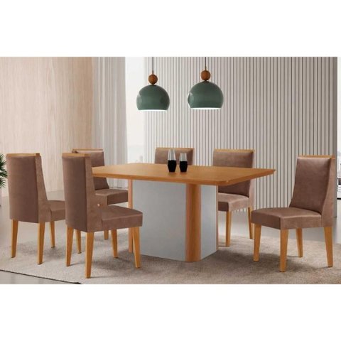 Conjunto: Mesa Sala Jantar Pietá C/ Tampo Madeirado Canto Curvo 180x90cm e 6 Cadeiras Dakota
