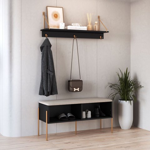 Conjunto Sapateira Banco Estofada e Prateleira - Pé Metal Oslo Artesano | Hanover/dourado