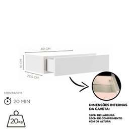 Mesa de Cabeceira Suspensa Multivisão Fly Gaveteiro Suspenso Aereo com 1 Gaveta Suporta 20kg:branco - 2