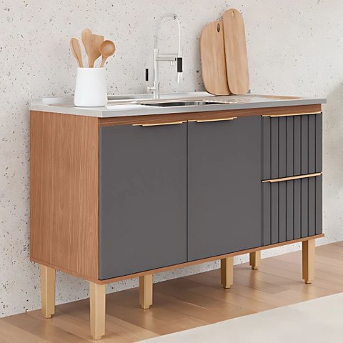 Gabinete de Cozinha Madeira 2 Gaveta Ripada 134cm 100% MDF:Freijó/Titanium