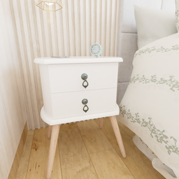 Mesa de Cabeceira 2 Gavetas Retrô Madeira Maçica Pés Palitos:branco - 4
