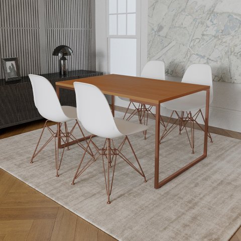 Mesa Industrial Base Ferro Cobre 137x75 Tampo Canela 4 Cadeiras Eiffel Ferro Cobre Assento Branco