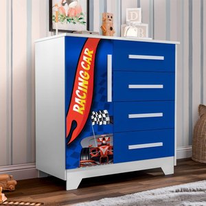 Cômoda Infantil Personagens Carros 4 Gavetas 1 Porta Mdf Azul