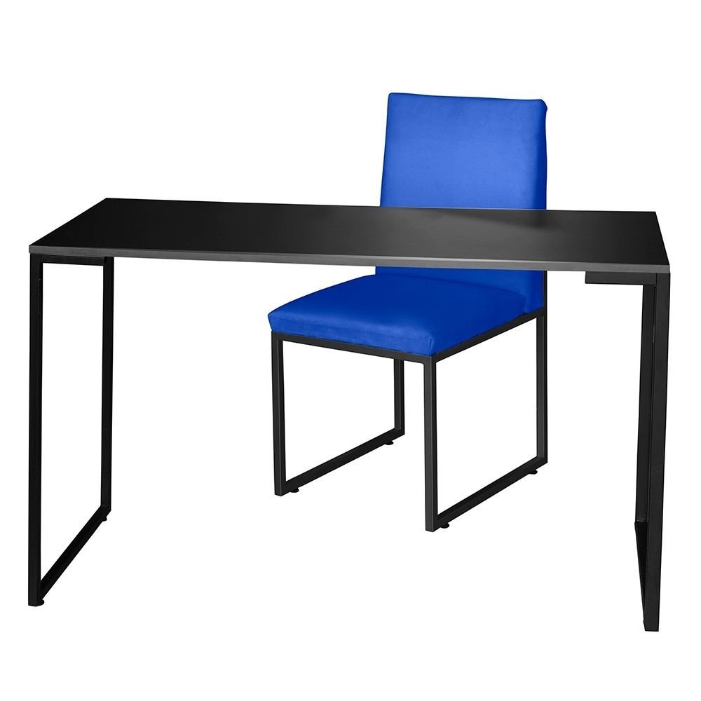 Kit Home Office Mesa Para Escritorio com Cadeira Garden Ferro Preto Corino Azul Royal - Móveis