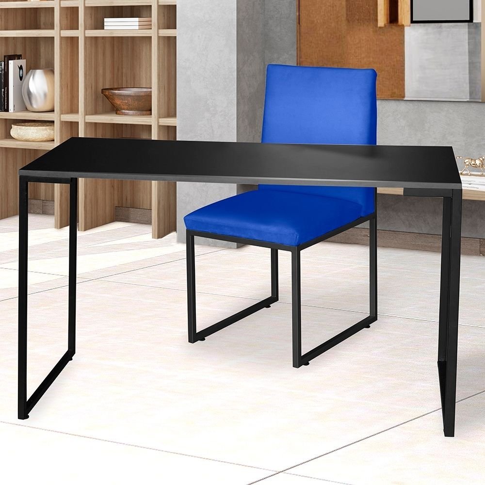 Kit Home Office Mesa Para Escritorio com Cadeira Garden Ferro Preto Corino Azul Royal - Móveis - 2