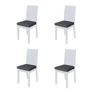 Conjunto com 4 Cadeira de Jantar Athenas com Estofado em Madeira Maciça Branco - Linho Cinza