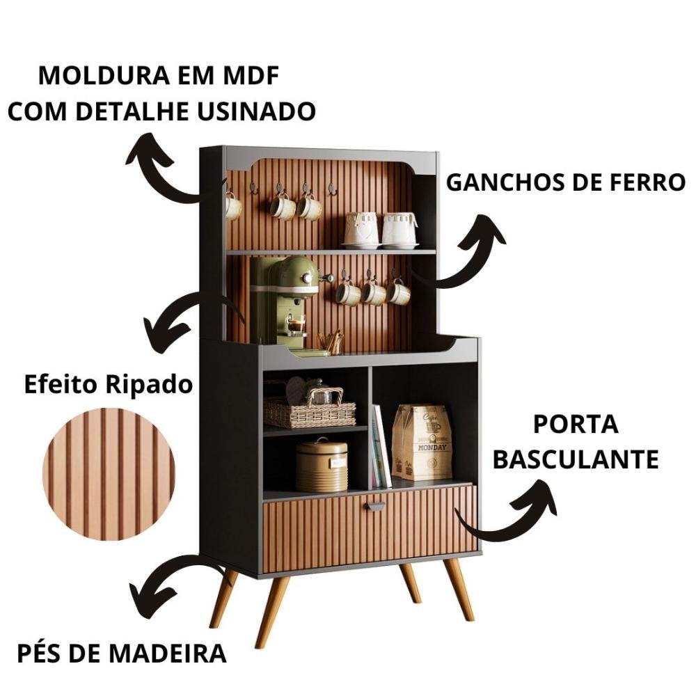 Cantinho do Café Rubi Armário Para Cozinha Preto/Tauari Ripado - Lukaliam Móveis - 2