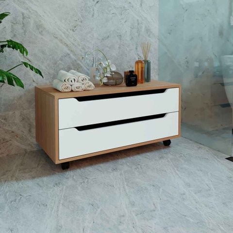 Balcão Gabinete com 2 Gavetas e Rodízios 80cm BN3643 Tecnomobili 2023 Móvel na Caixa Amêndo/Branco