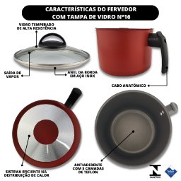 Fervedor Caneco Leiteira 16 Cm Antiaderente Teflon com Tampa de Vidro:vermelho Cereja - 10