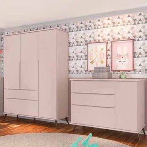 Guarda Roupa 3 Portas e Cômoda 1 Porta Melinda 100% Mdf Rosê