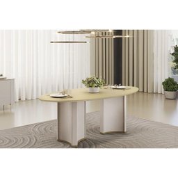 Mesa de Sala Jantar Liz C/ Tampo Madeirado C/ Vidro Oval 218x108cm Off White/off White - Dj Móveis - 5 Mesa de Sala Jantar Liz C/ Tampo Madeirado C/ Vidro Oval 218x108cm Off White/off White - Dj Móveis - 5