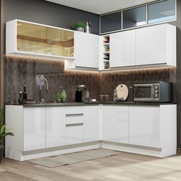 Cozinha Completa de Canto 100% MDF Madesa Acordes 389002 Armário e Balcão Frentes Branco Brilho Cor: - 1