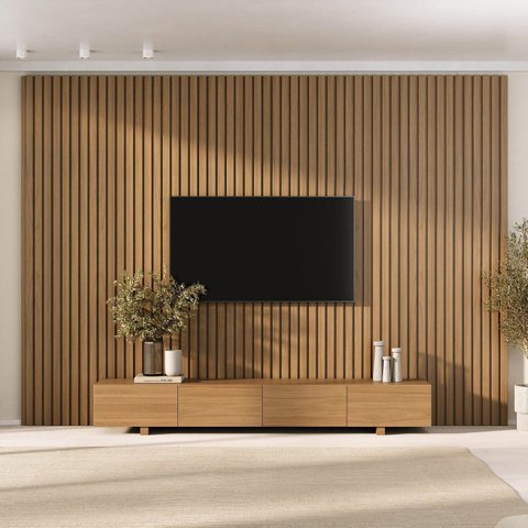 Rack com Painel Ripado TV 86 Polegadas Planejado 320x250cm Aruá CabeCasa MadeiraOriginals Marrom