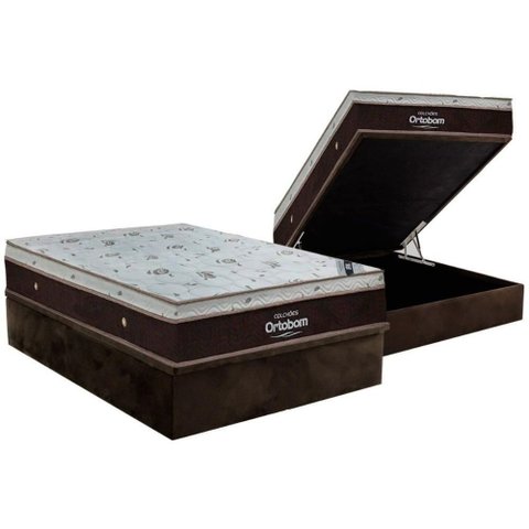 Cama Box Baú Casal: Colchão Molas Superpocket Ensacadas Ortobom Sleep King + Base Crc Suede Brown