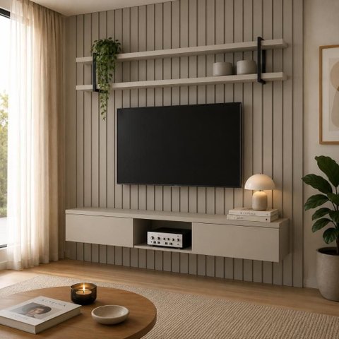 Painel para TV com Nicho e Prateleira 200cm 100% MDF Grigio com Preto Casa Lar Shop