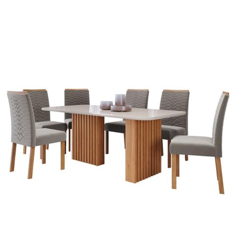 Conjunto de Mesa de Jantar Tampo de Vidro Off White Ester 1,80 com e 6 Cadeiras Clarice Cinamomo/