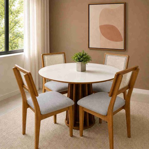 Conjunto Mesa de Jantar Redonda com 4 Cadeiras Estofadas e Encosto Palinha 100% MDF Dalla Costa