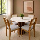 Ver imagem 1 de Conjunto Mesa de Jantar Redonda com 4 Cadeiras Estofadas e Encosto Palinha 100% MDF Dalla Costa
