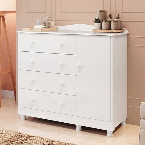 Cômoda Infantil Elô 1 Porta 4 Gavetas 100% Mdf Branco Brilho - Móveis Peroba