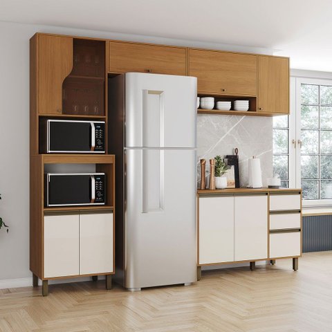 Cozinha Compacta Venaly 10 Portas 2 Gavetas com Tampo e Vidro Cinamomo/Off White - Henn