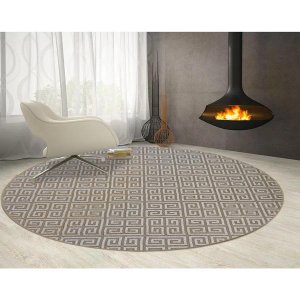 Tapete para Sala Redondo 200 Cm Grego Bege Marfim Geometrico