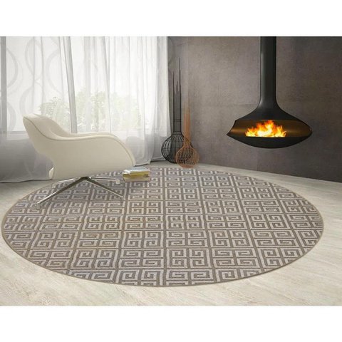 Tapete para Sala Redondo 200 Cm Grego Bege Marfim Geometrico