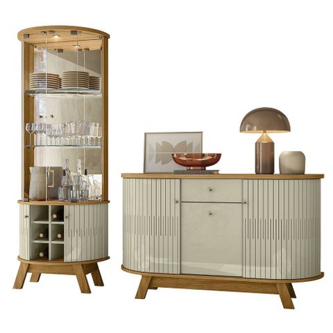 Conjunto Buffet com Cristaleira Robert/deker Iluminação Led Gavetas Mdp Cumaru/opala G97 - Gran Belo