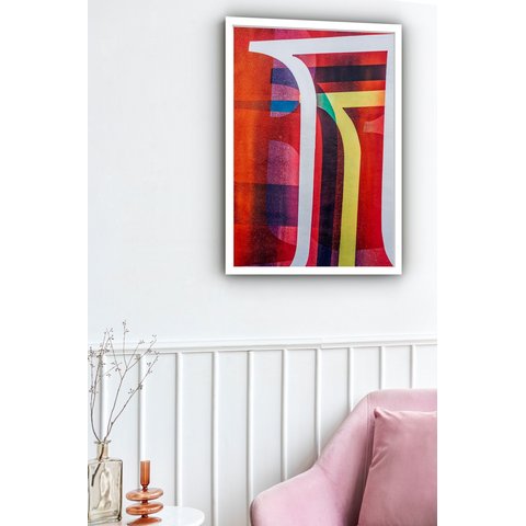 Quadro Decorativo Abstrato Vermelho Riscos - 70x50cm:moldura Branca
