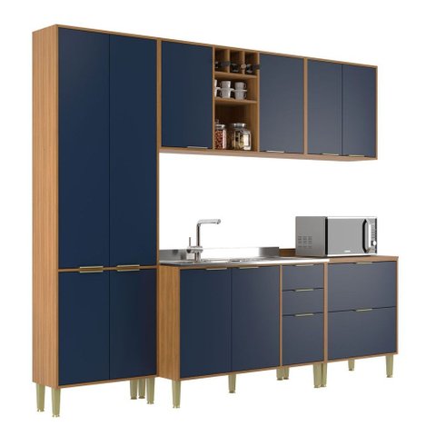 Cozinha Compacta Domus 10 Portas 5 Gavetas Nogal/royal - Hecol Móveis
