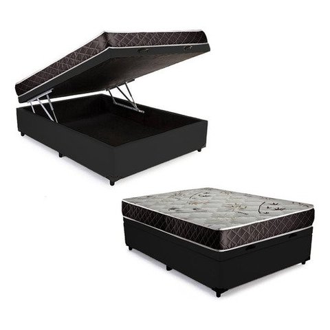 Cama Box Baú Casal Conforto Sintético Preto + Colchão Casal Conforto Espuma D23 com Eps 24x138x188