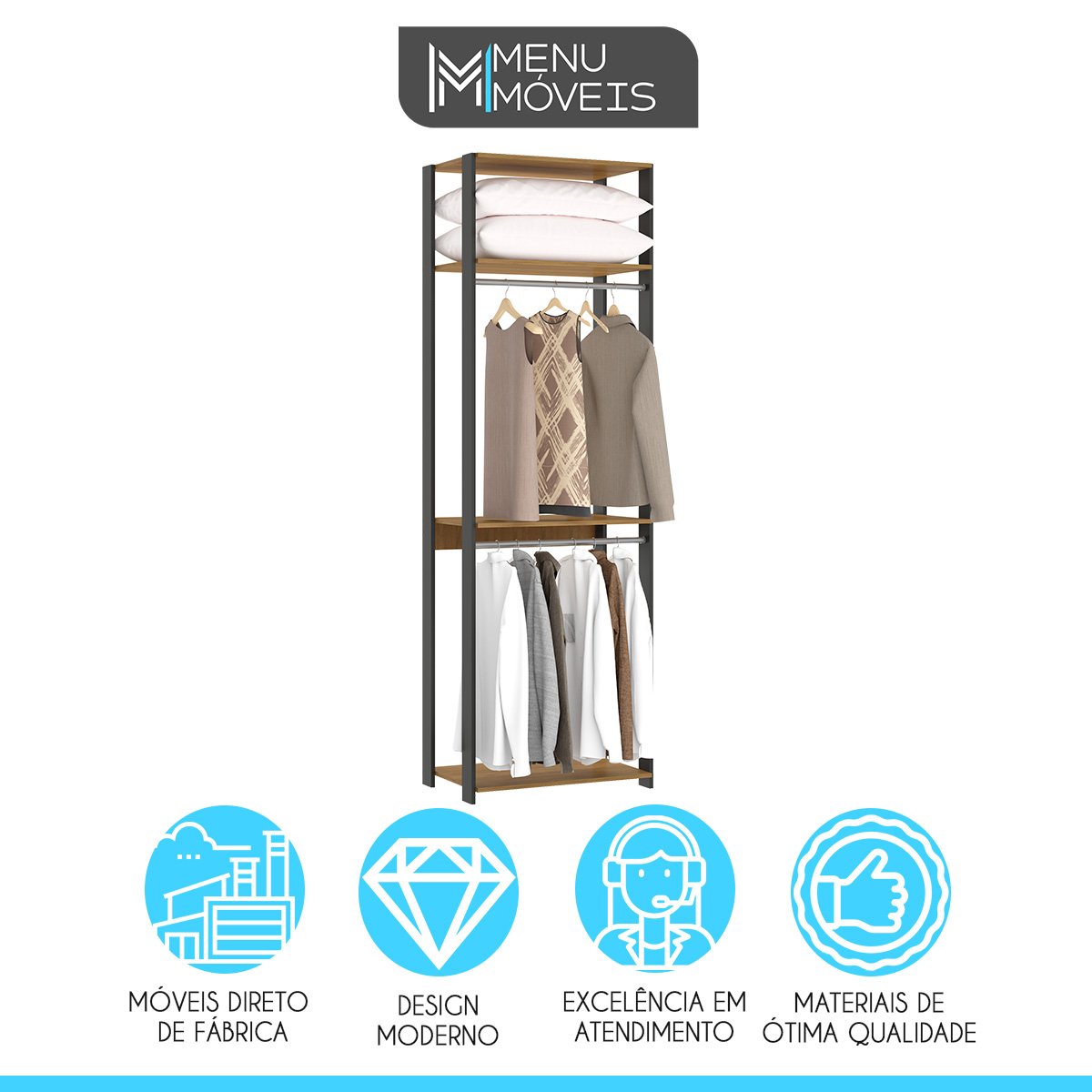 Estantes para Closet Aberto Modulado Estilo Industrial Bacco MDP