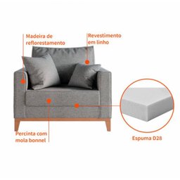 Poltrona Decorativa Benny Tecido Linho com Pés em Madeira:cinza - 4