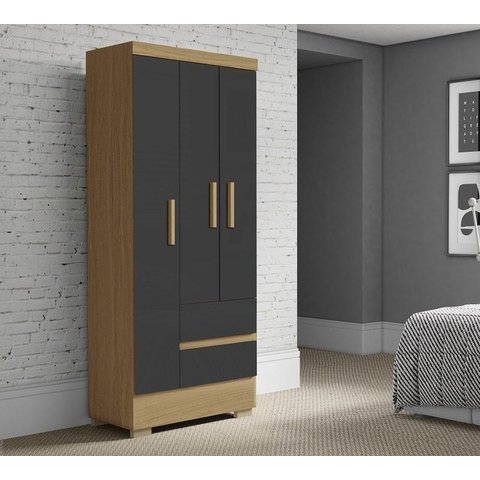 Guarda Roupa Coimbra 3 Portas 2 Gavetas Atacama Grafite - Aramóveis