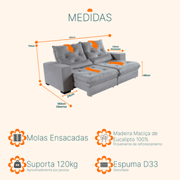 Sofá Retrátil e Reclinável 1,80m Molas Ensacadas Suede Isis Castor Sofá Casa - 4