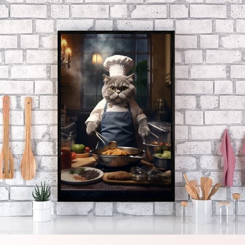 Quadro para Cozinha Gato Cozinheiro 45x34cm - com Vidro:madeira Branca