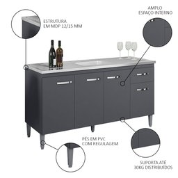 Balcão Gabinete Com Pia Inox 150cm 4 Portas e 1 Gaveta Gabriela Cinza - AJL Móveis - 3