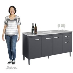 Balcão Gabinete Com Pia Inox 150cm 4 Portas e 1 Gaveta Gabriela Cinza - AJL Móveis - 5