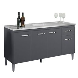 Balcão Gabinete Com Pia Inox 150cm 4 Portas e 1 Gaveta Gabriela Cinza - AJL Móveis - 1
