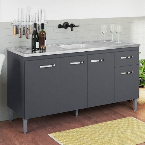 Balcão Gabinete Com Pia Inox 150cm 4 Portas e 1 Gaveta Gabriela Cinza - AJL Móveis